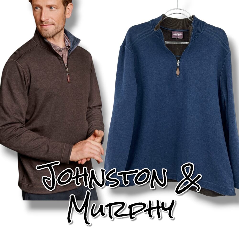 Johnston & Murphy Icon Reversible Quarter Zip Pullover Blue Brown Cotton Blend L